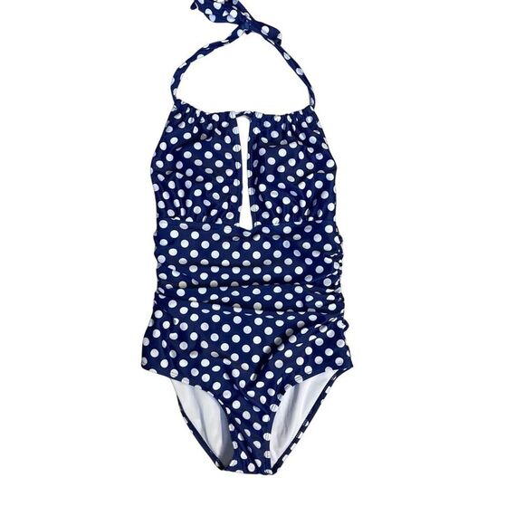 B2PRITY Women's Swimsuit Sz S Navy Blue Polka Dot Halter One Piece‎ - Picture 1 of 7